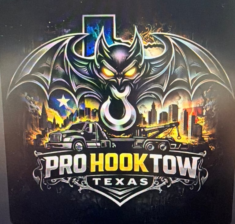 Pro Hook Tow Texas logo featuring a demon horned face with bat wings above a tow truck and cityscape